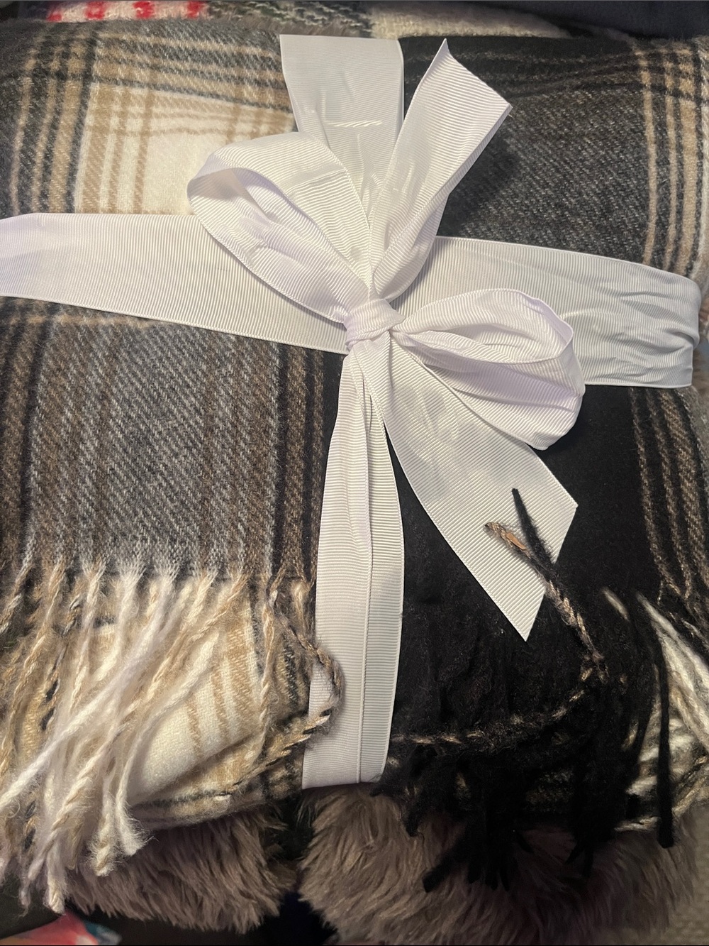 Plaid Fringe Throw Blanket in Cream and Black with White Ribbon